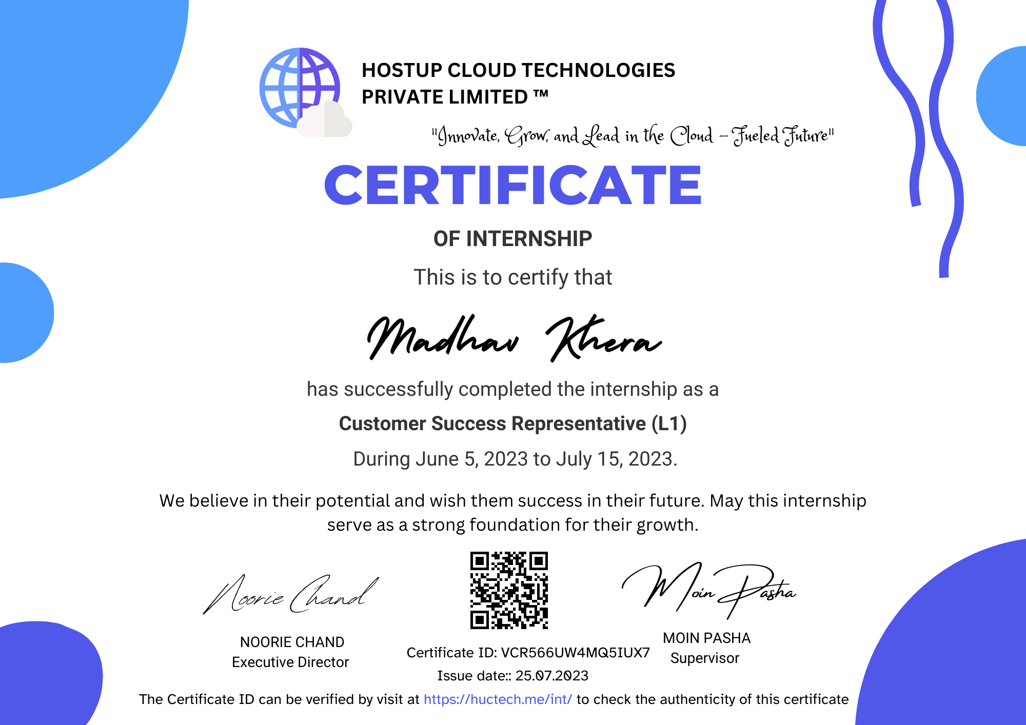 Certificate of Madhav Khera